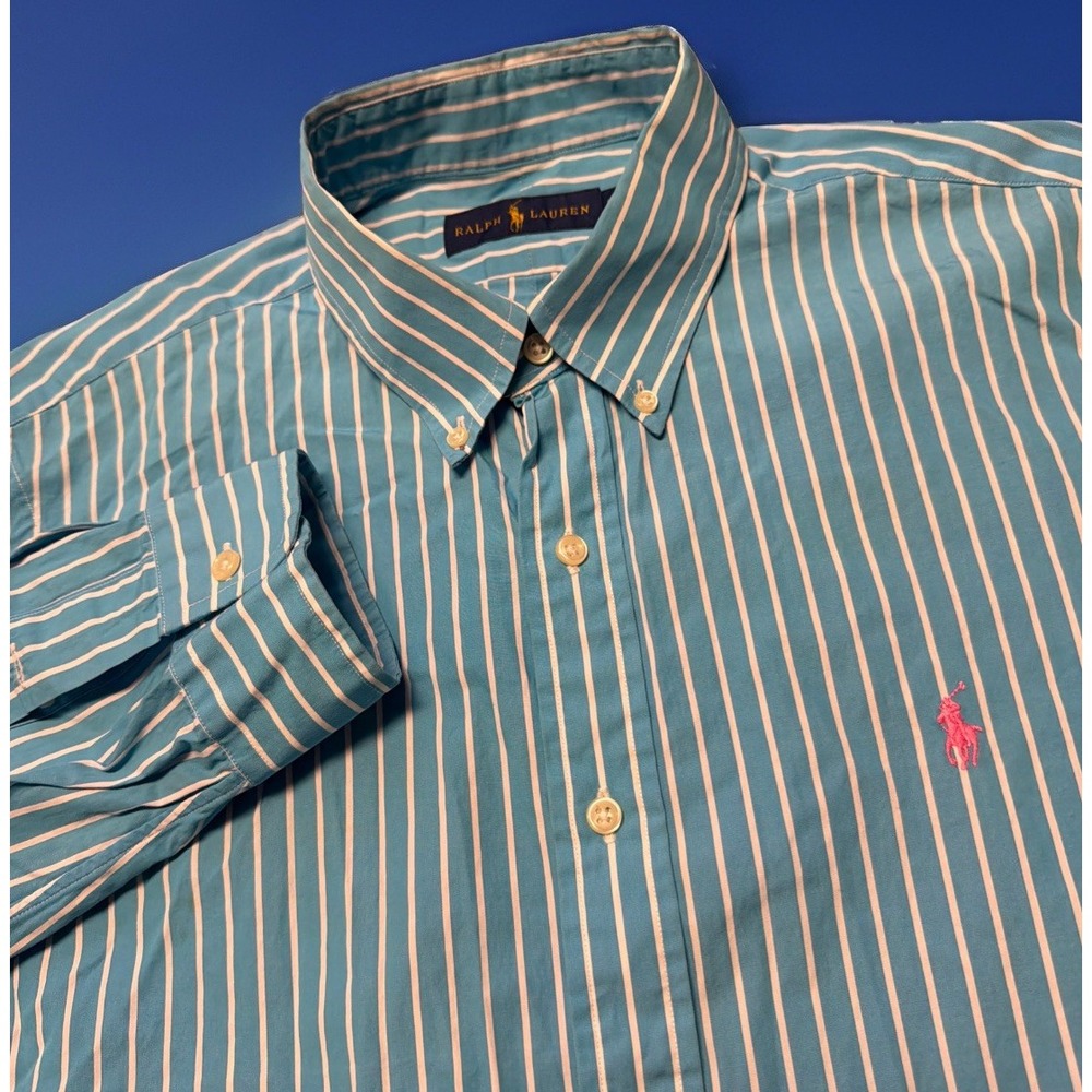 Ralph Lauren Mens Cotton Large Button Up Blue Striped Dress Shirt Pink Pony